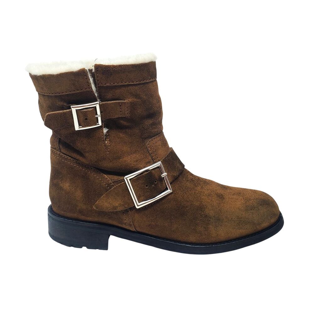 Jimmy Choo London Youth Short Buckle Moto Boots Booties Brown Suede Size 38.5